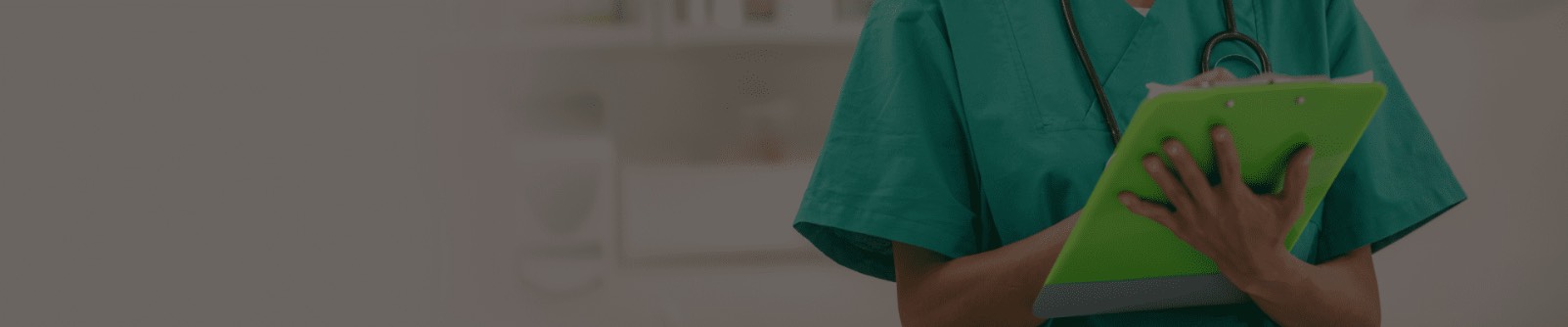 A dark-hued banner of a vet tech holding a green clipboard