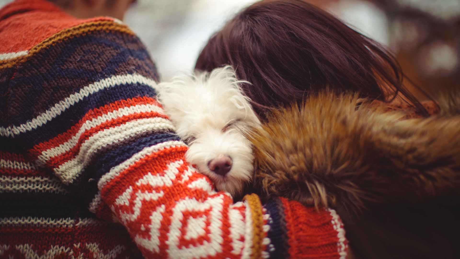 owners hugging dog